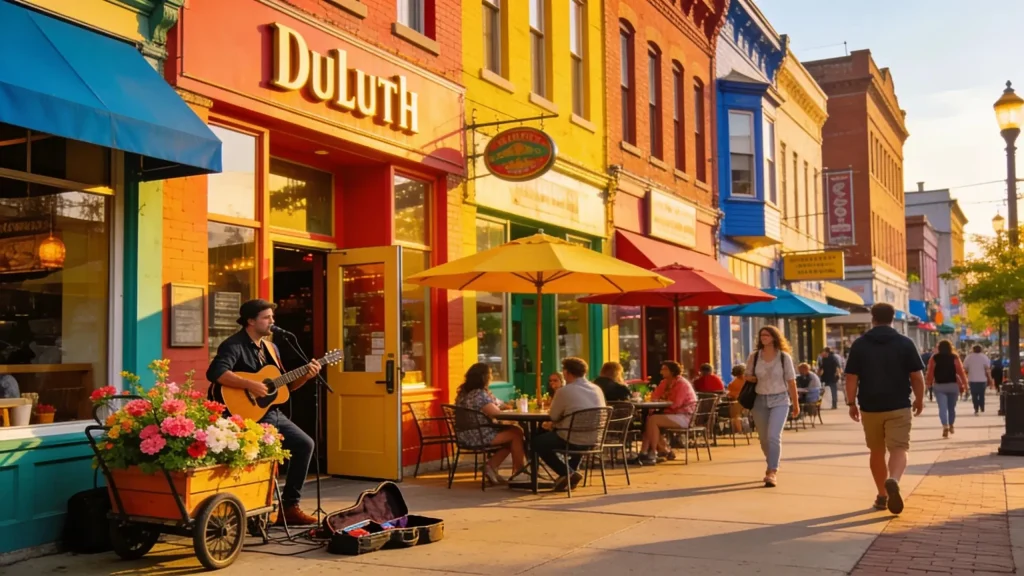 Downtown Duluth street view highlighting diverse dining and shopping options in a vibrant urban setting