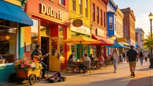 Downtown Duluth street view highlighting diverse dining and shopping options in a vibrant urban setting